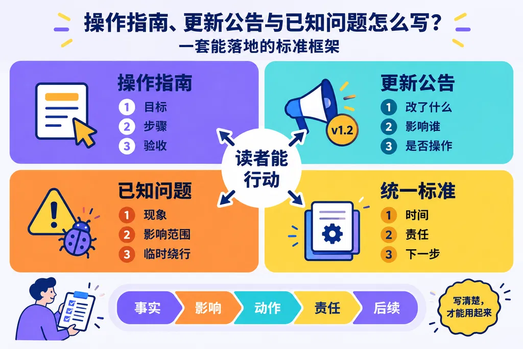 操作指南、更新公告与已知问题怎么写：一套能落地的标准框架